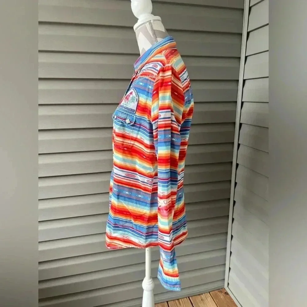 Panhandle Rough Stock Texas Striped Country Cowgirl Button Up Long Sleeve Sz L - Picture 2 of 14